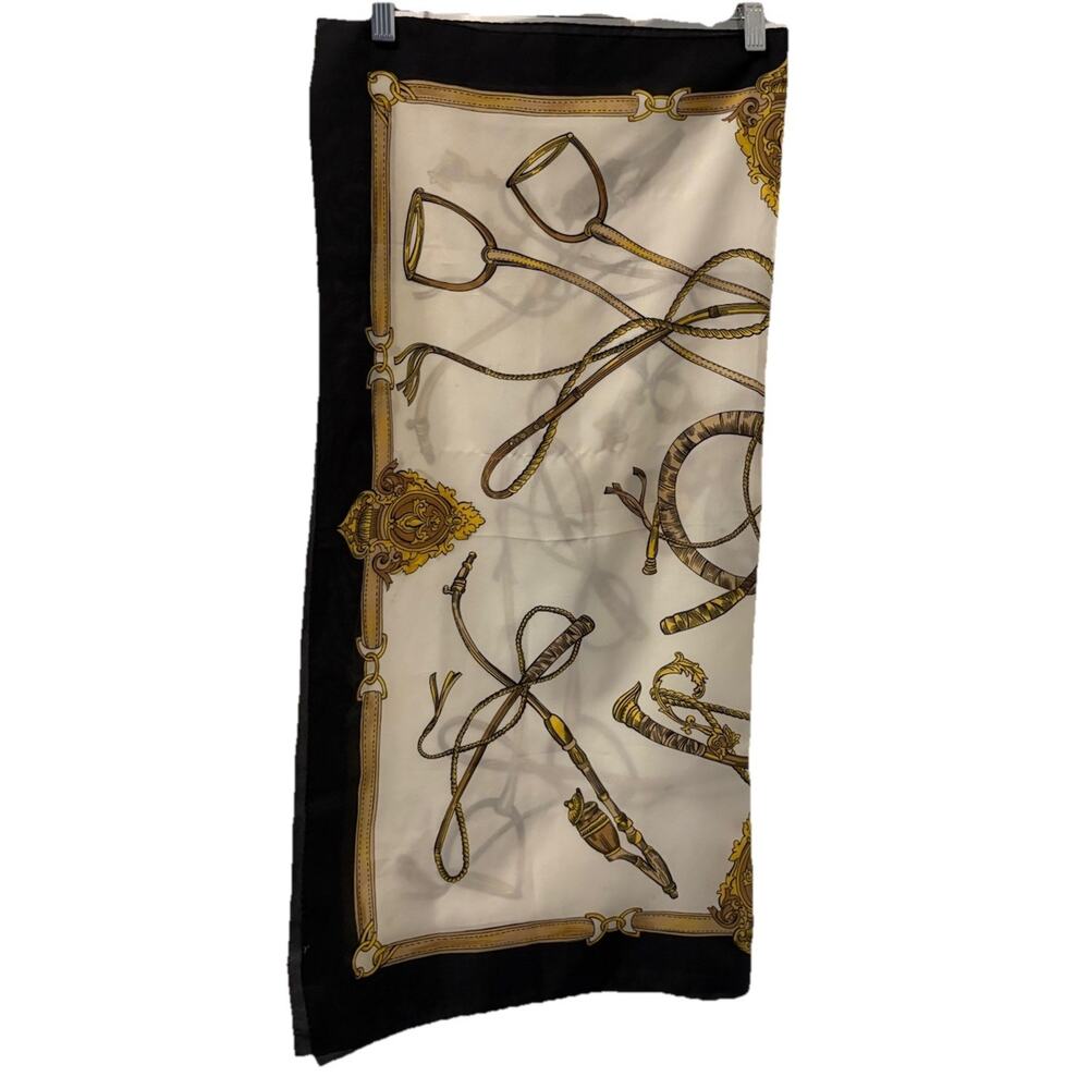 Equestrian Horse Bit & Stirrup Print Scarf Beige Gold And Black Read